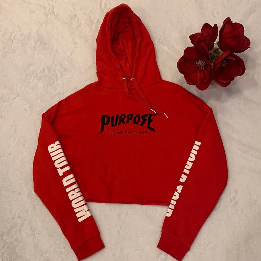 🌹Justin Bieber H&M • VINTAGE PURPOSEThe World Tour Cropped Red & Black Hoodie •